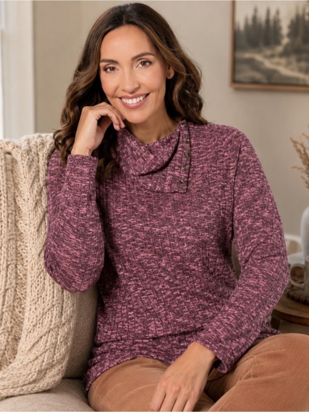 Susan Graver Heathered Pink Rib Knit Envelope Neck Snap Sweater Top EUC 1X #1287